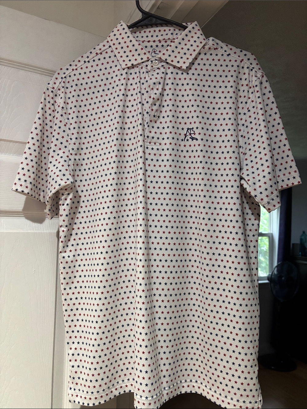 Rhoback White Polo with Red & Navy Star Pattern